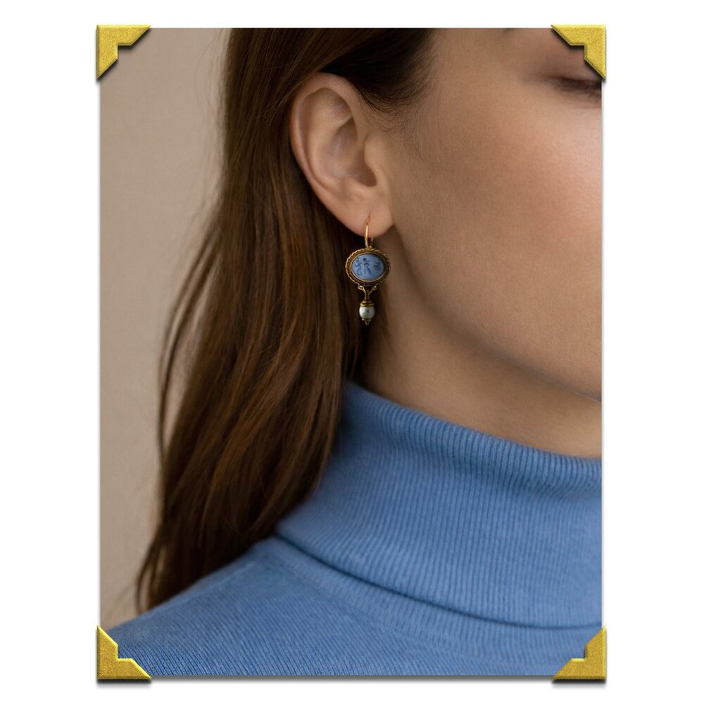 Tagliamonte 18K Italian Cultured Pearl & Blue Venetian Glass Cameo Drop Earrings